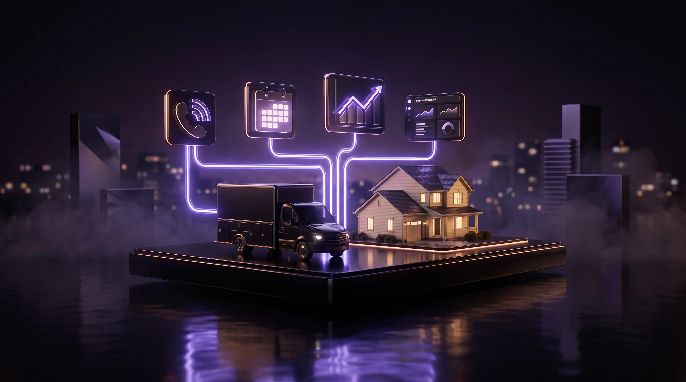 A home-service truck and house connected to phone, booking, growth, and dispatch systems in one revenue engine