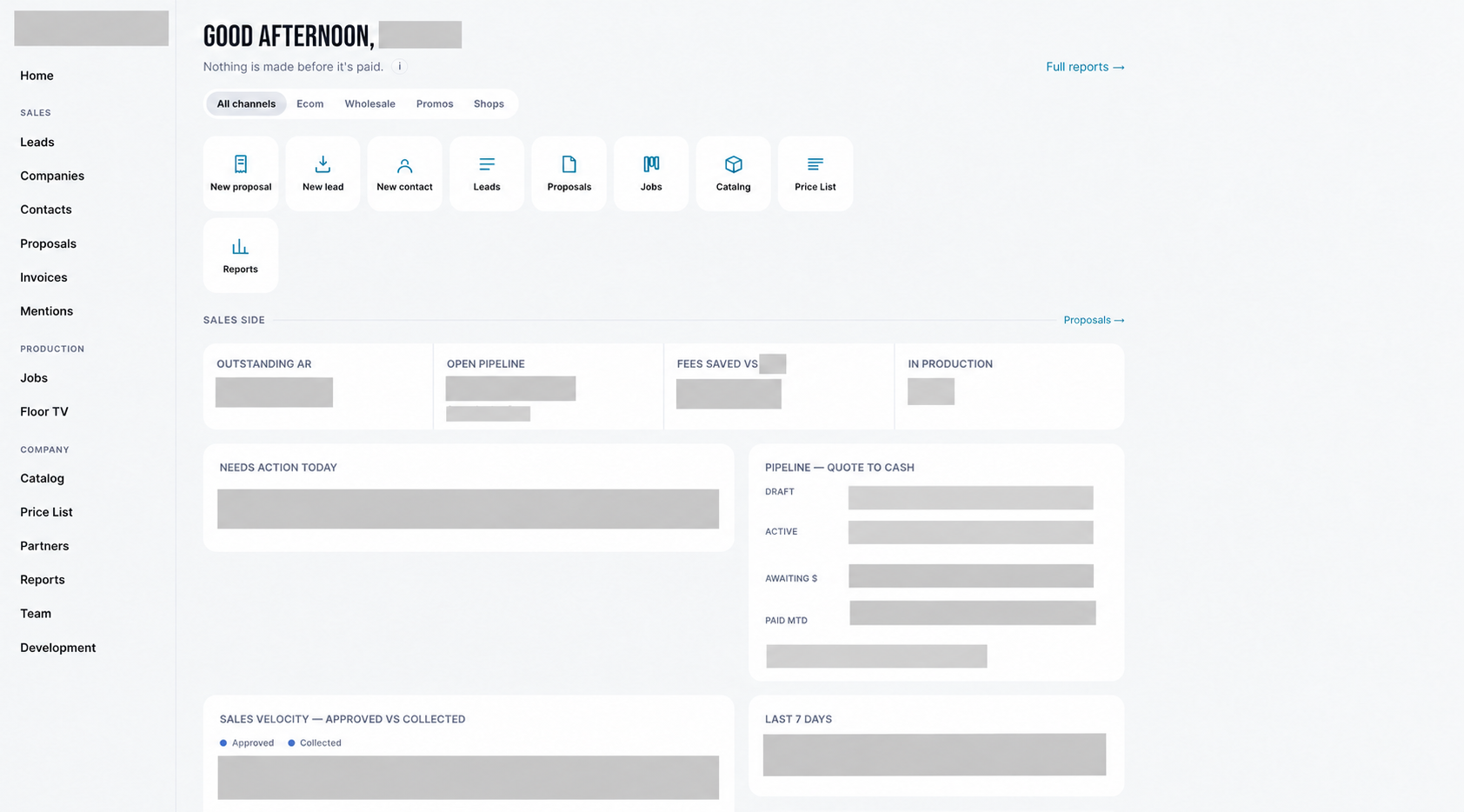 Redacted apparel operating-system dashboard showing quick actions and labeled sales and production panels.
