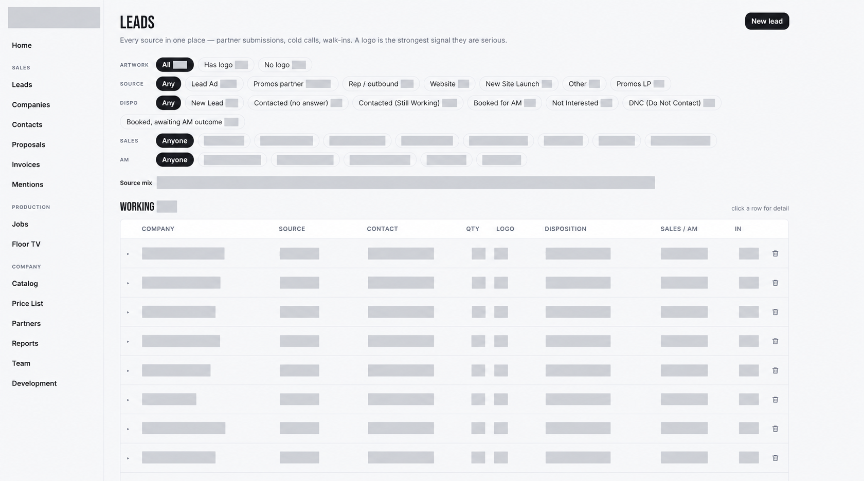 Redacted lead workspace showing filters and table headings; customer records, staff identities, contact details, dates, and counts are concealed.