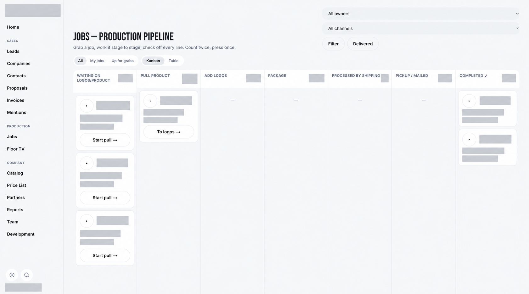 Redacted production Kanban board showing apparel job stages and action controls; all job identifiers, names, amounts, and counts are concealed.