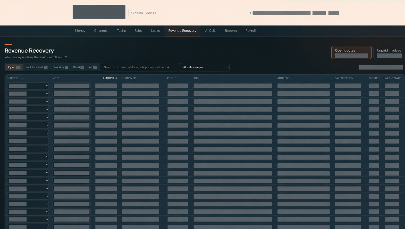 Redacted revenue-recovery workspace showing search and follow-up table headings; all customer records, contact details, jobs, addresses, dates, and amounts are concealed.