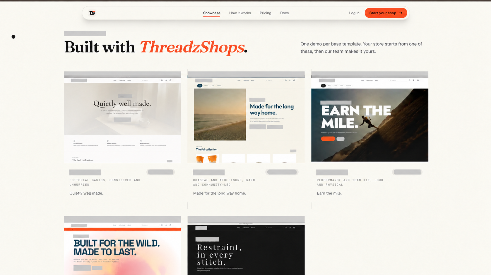 ThreadzShops template showcase with different apparel storefront styles; other demo brand identities are redacted.